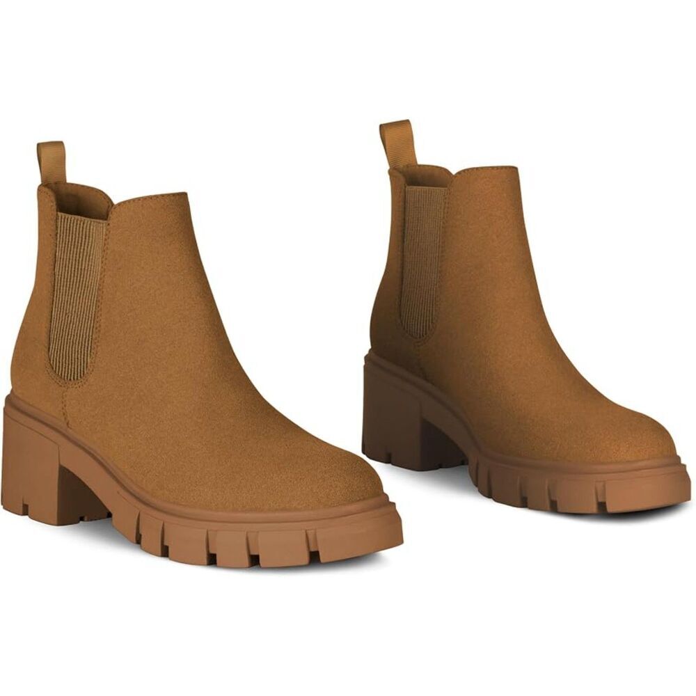Women's Brown Lug Sole Chunky Heel Slip on Elastic Ankle Chelsea Booties